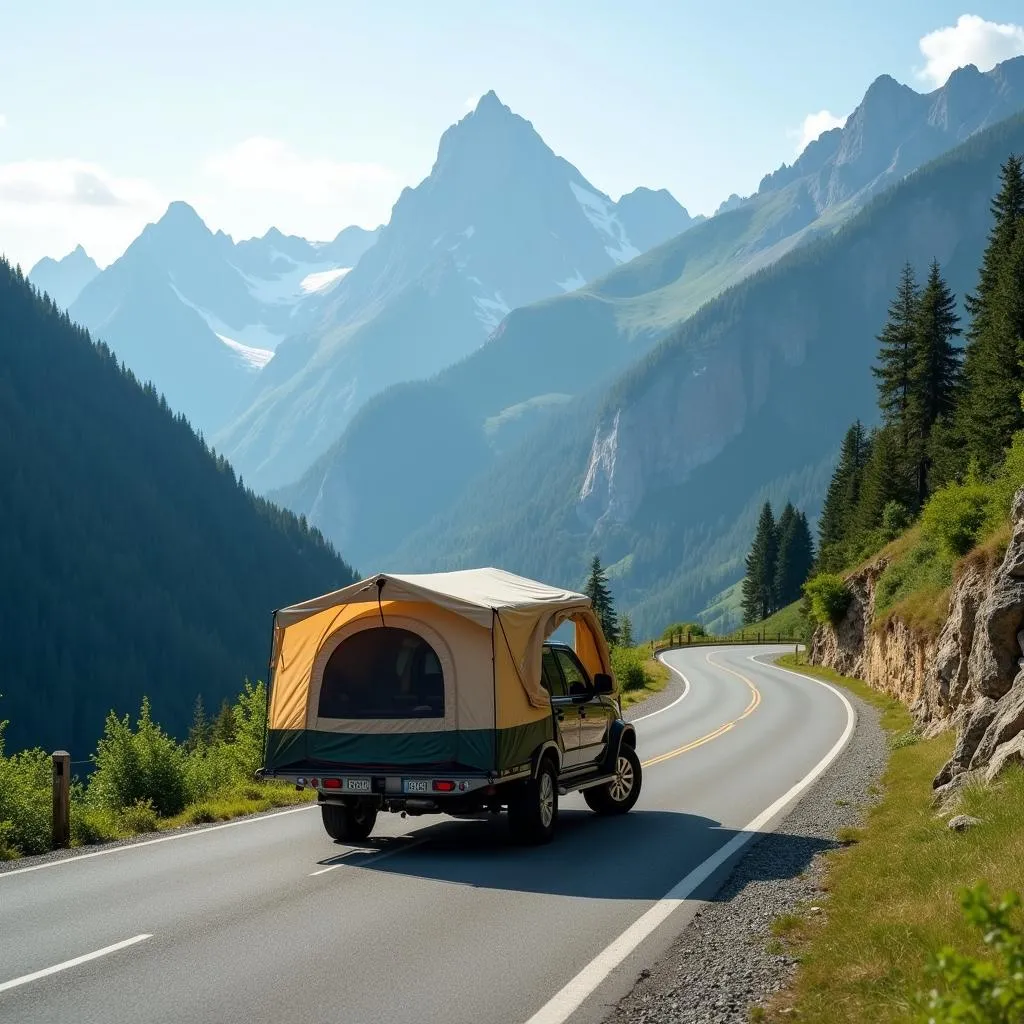 Car camping tent set up in a scenic mountain landscape