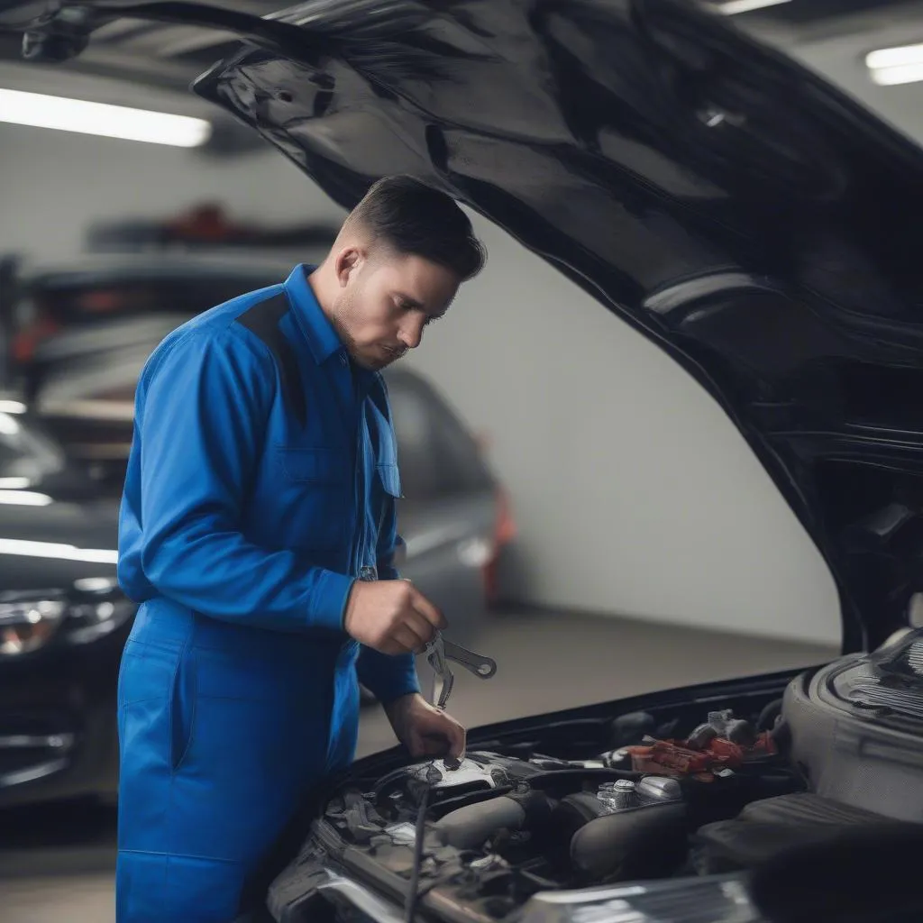 Mechanic inspecting a car's engine