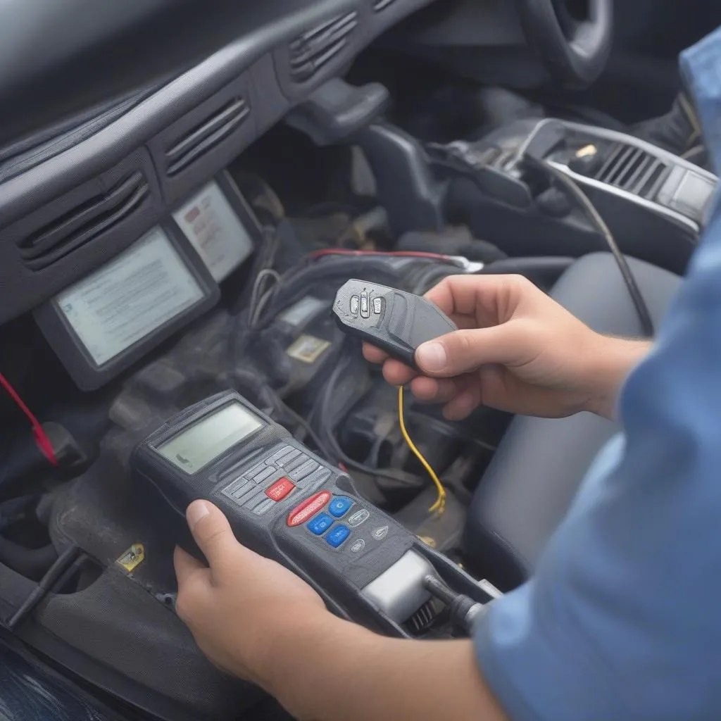 Mechanic using a car computer programming tool to program a new key