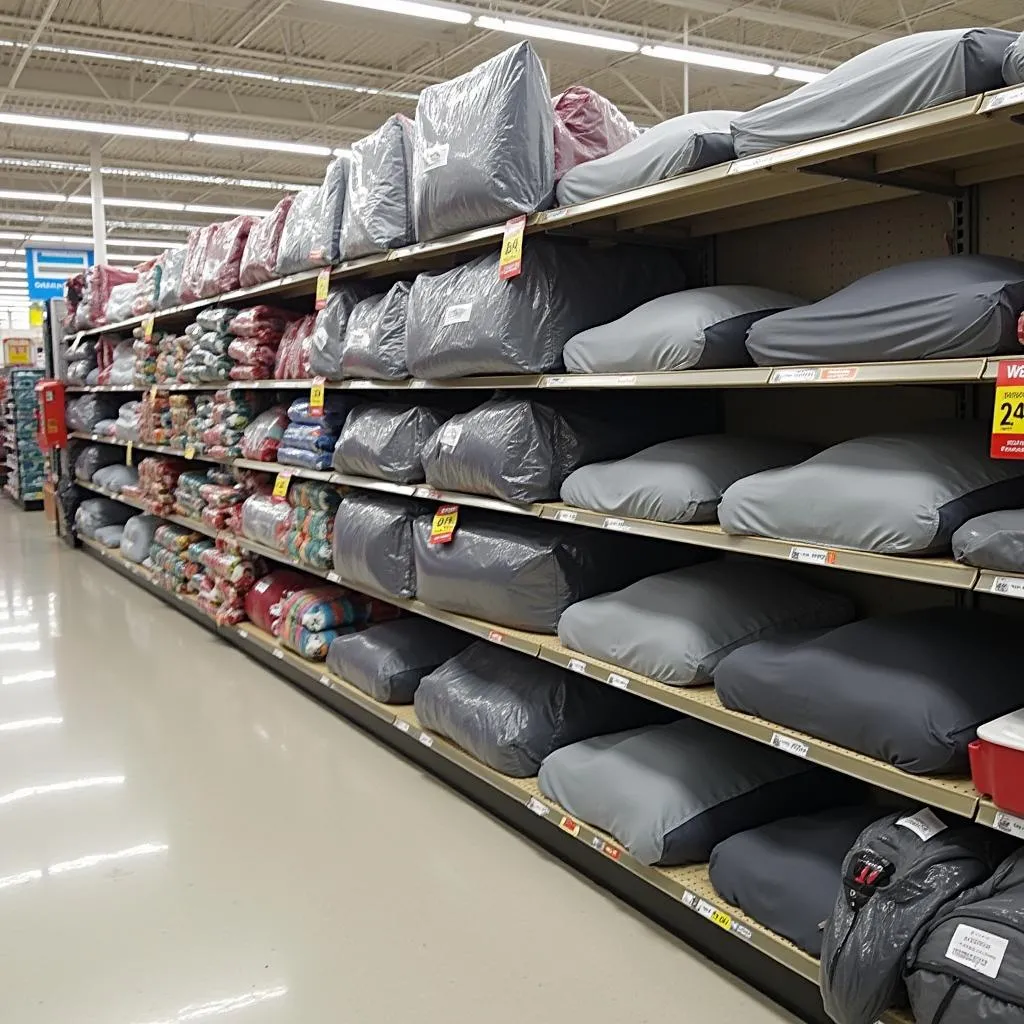 Car covers displayed on shelves at Walmart