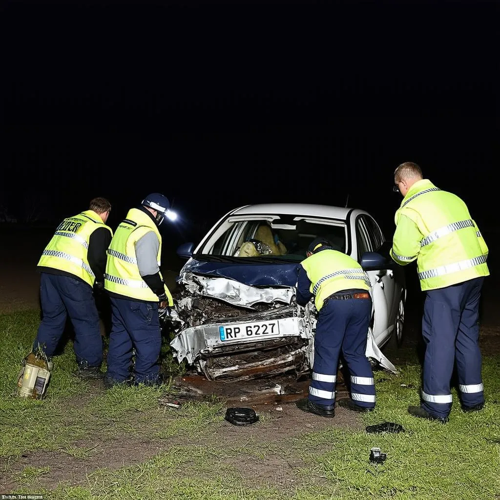 Car crash investigators examining evidence.