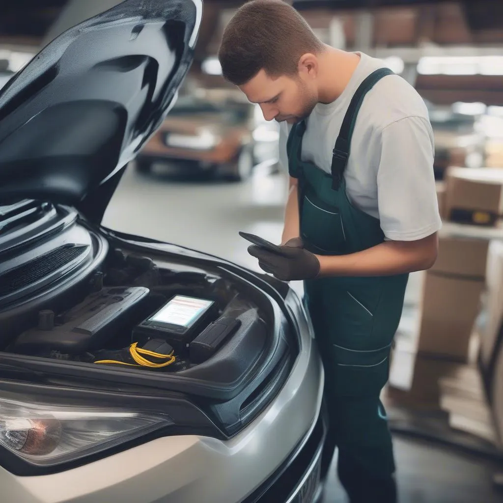 A mechanic using a dealer scanner to diagnose a car. The image also shows a map and a vehicle icon, symbolizing the importance of safety in vehicle diagnostics.