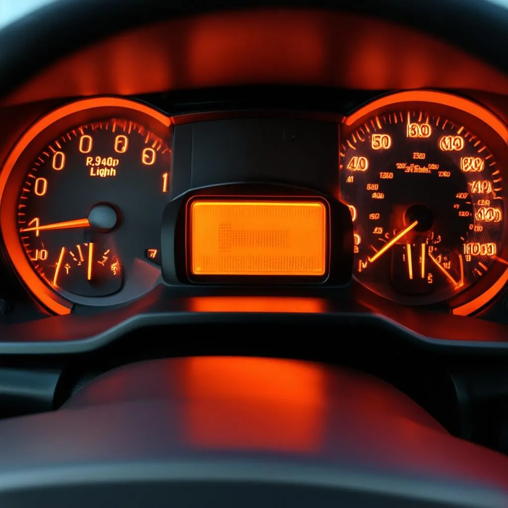 Car dashboard with illuminated check engine light