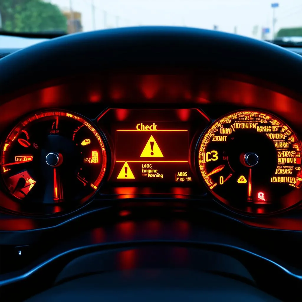 Car dashboard with warning lights