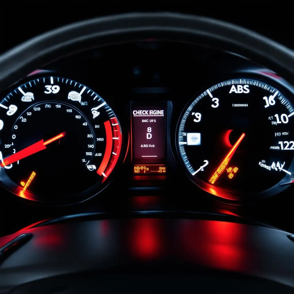 Car dashboard with illuminated warning lights