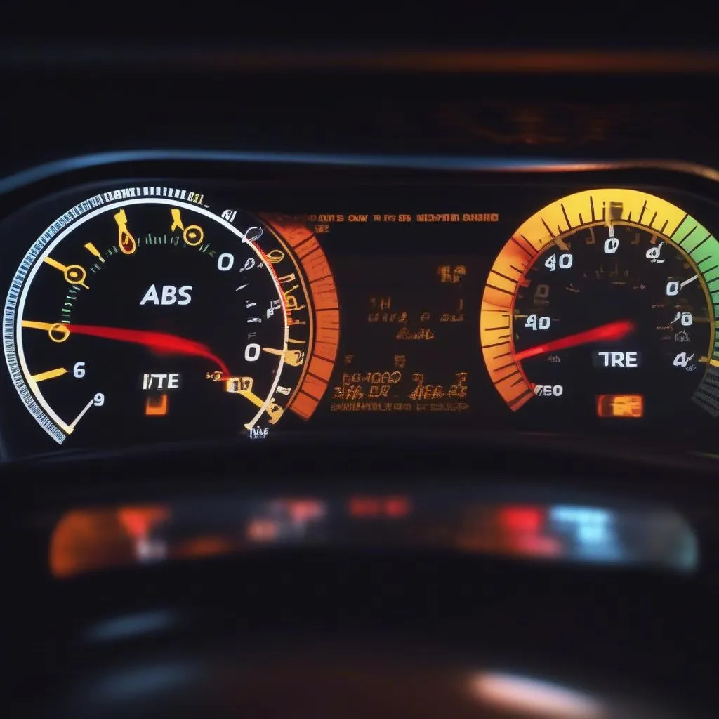 Close-up of a car dashboard with multiple warning lights illuminated