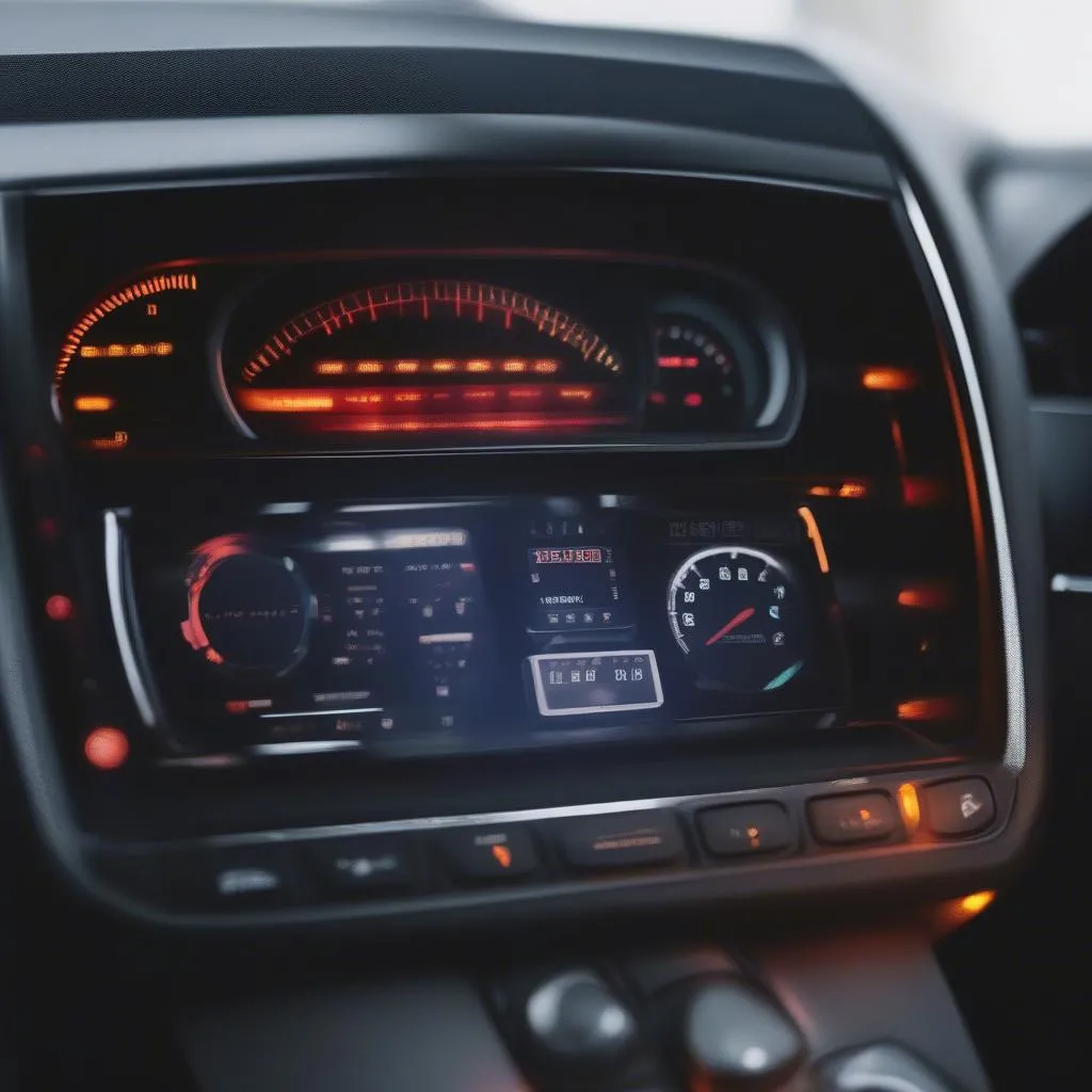 Close-up of a car dashboard with warning lights illuminated