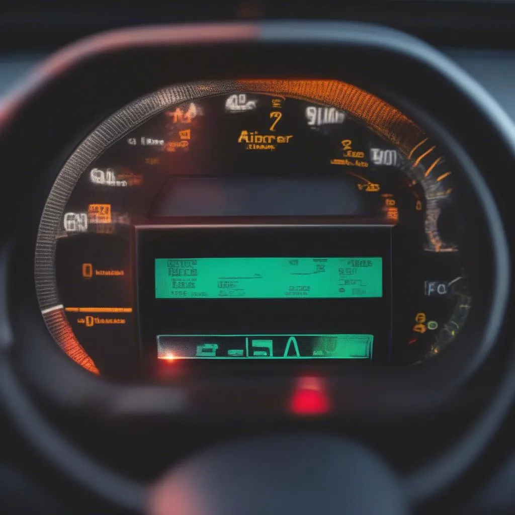 Dashboard warning lights illuminated on a car dashboard