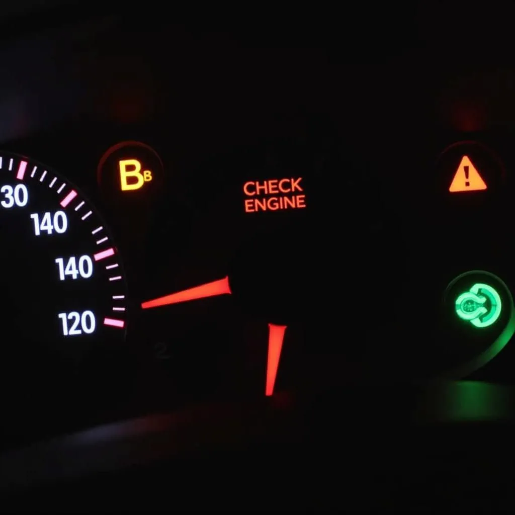 Car dashboard with warning lights illuminated