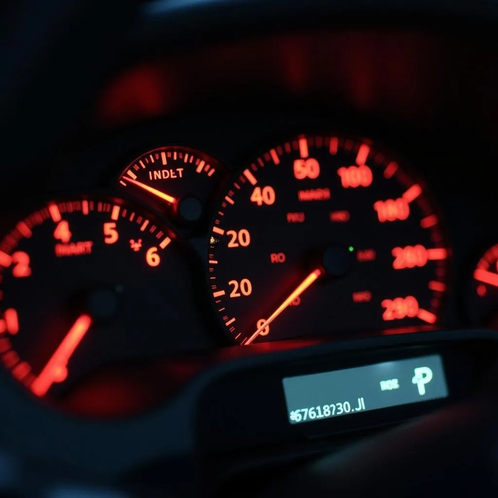 Various warning lights illuminated on a car's dashboard