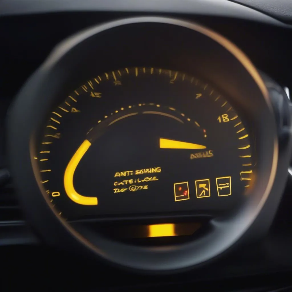 Car dashboard with illuminated ABS warning light