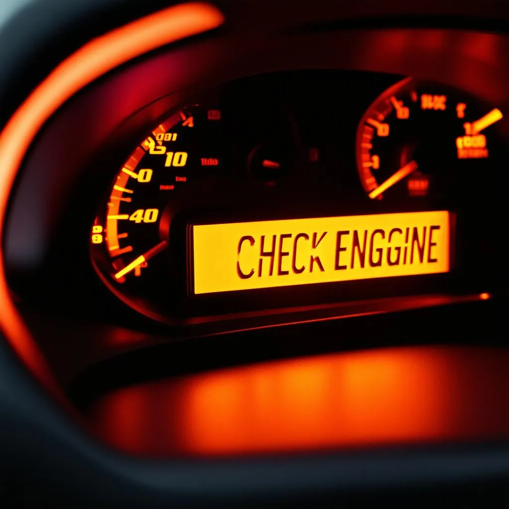 Car dashboard with illuminated check engine light