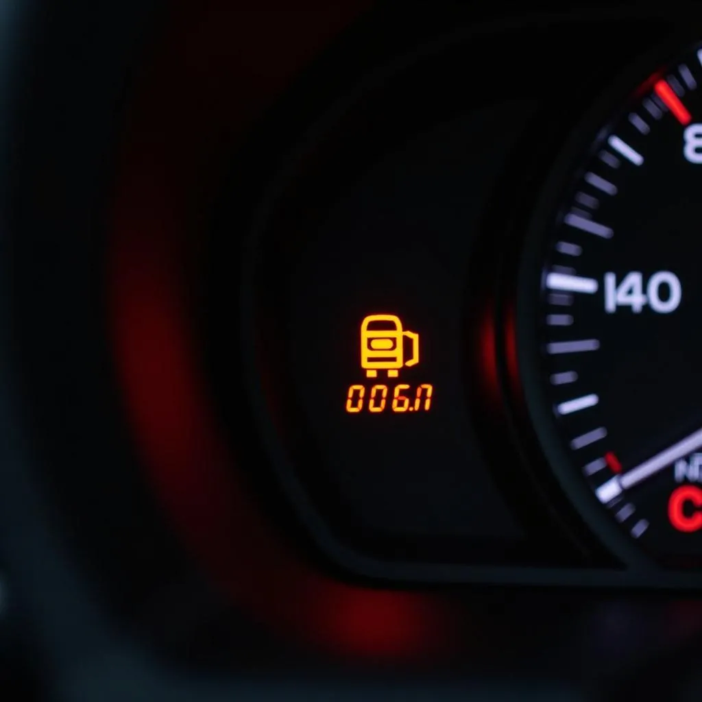 Car dashboard with check engine light illuminated.