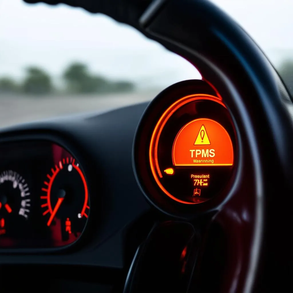 Car dashboard displaying a lit-up TPMS warning light.