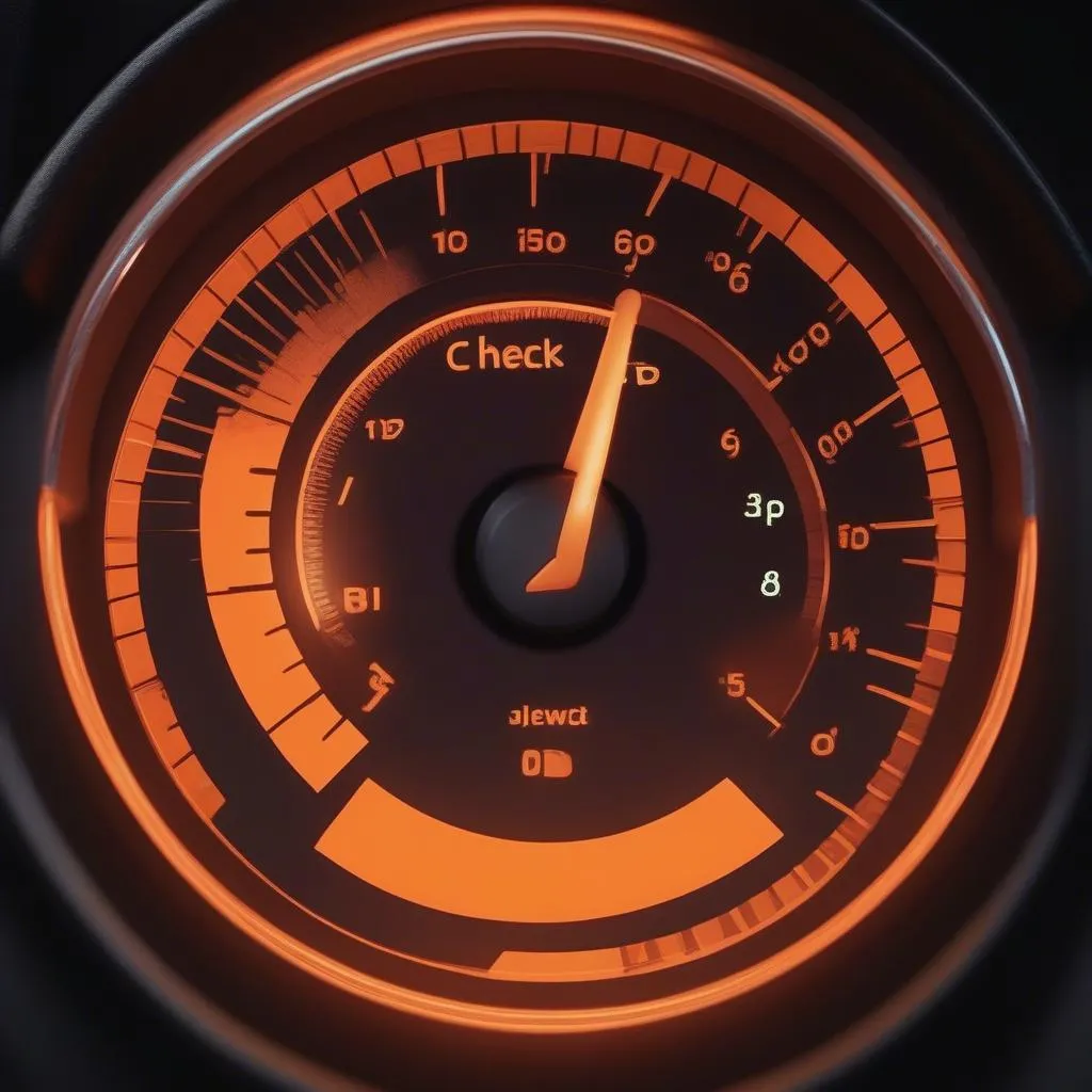 Close-up of a car dashboard with a check engine light illuminated.