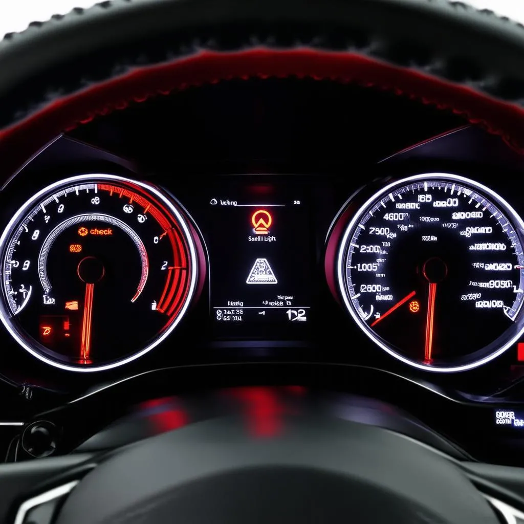 Car dashboard with illuminated warning lights