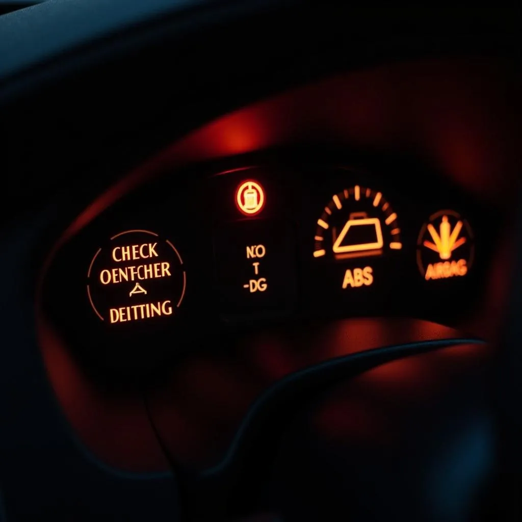 Car dashboard displaying multiple warning lights