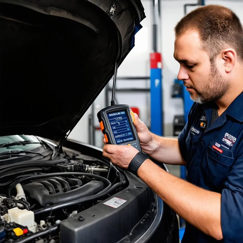 Mechanic using a car diagnostic scan tool