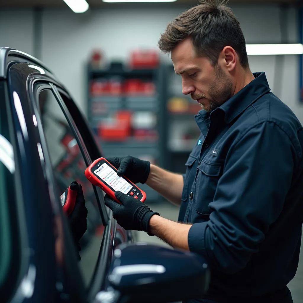 Mechanic using a car diagnostic scan tool