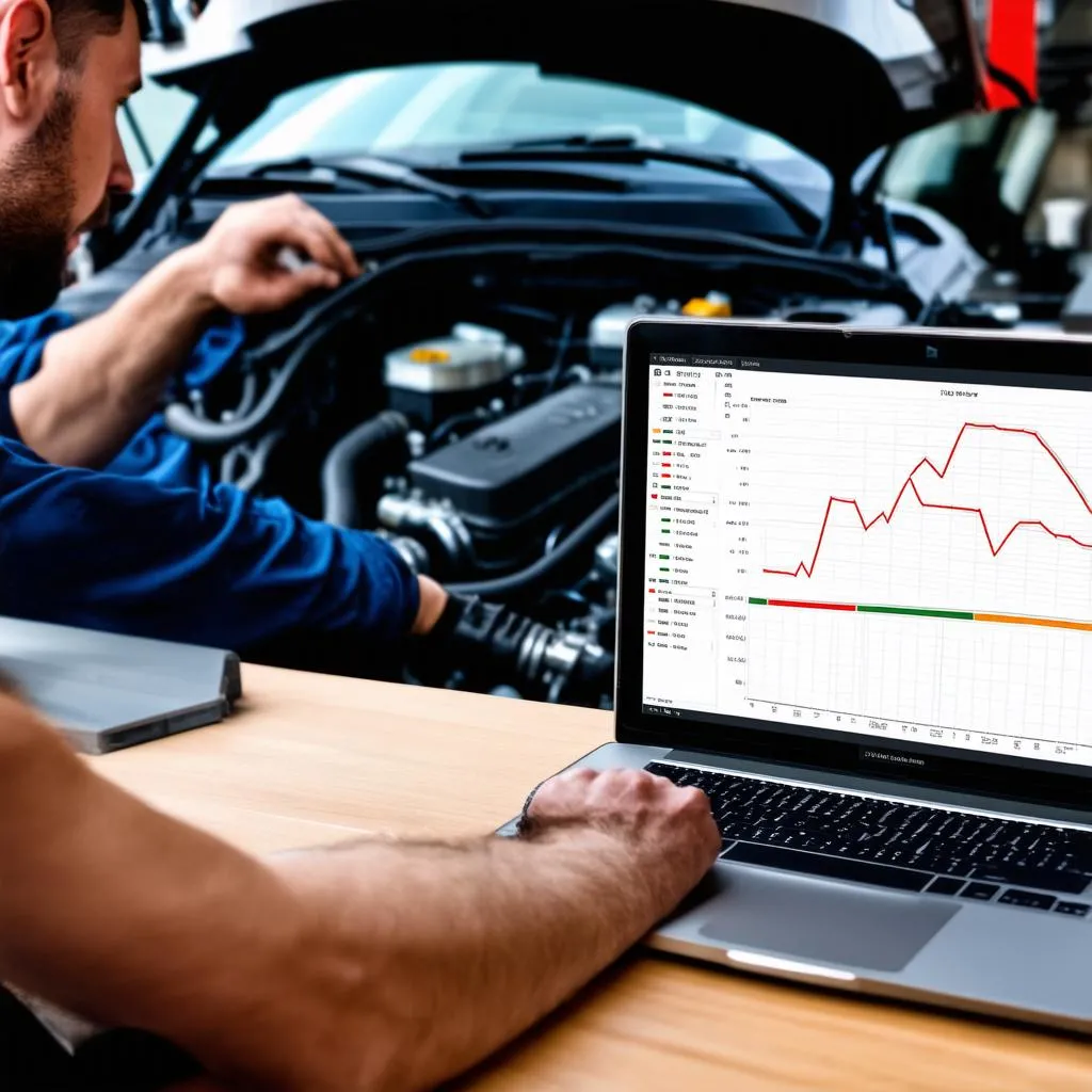 Laptop displaying car diagnostic software with live data graphs