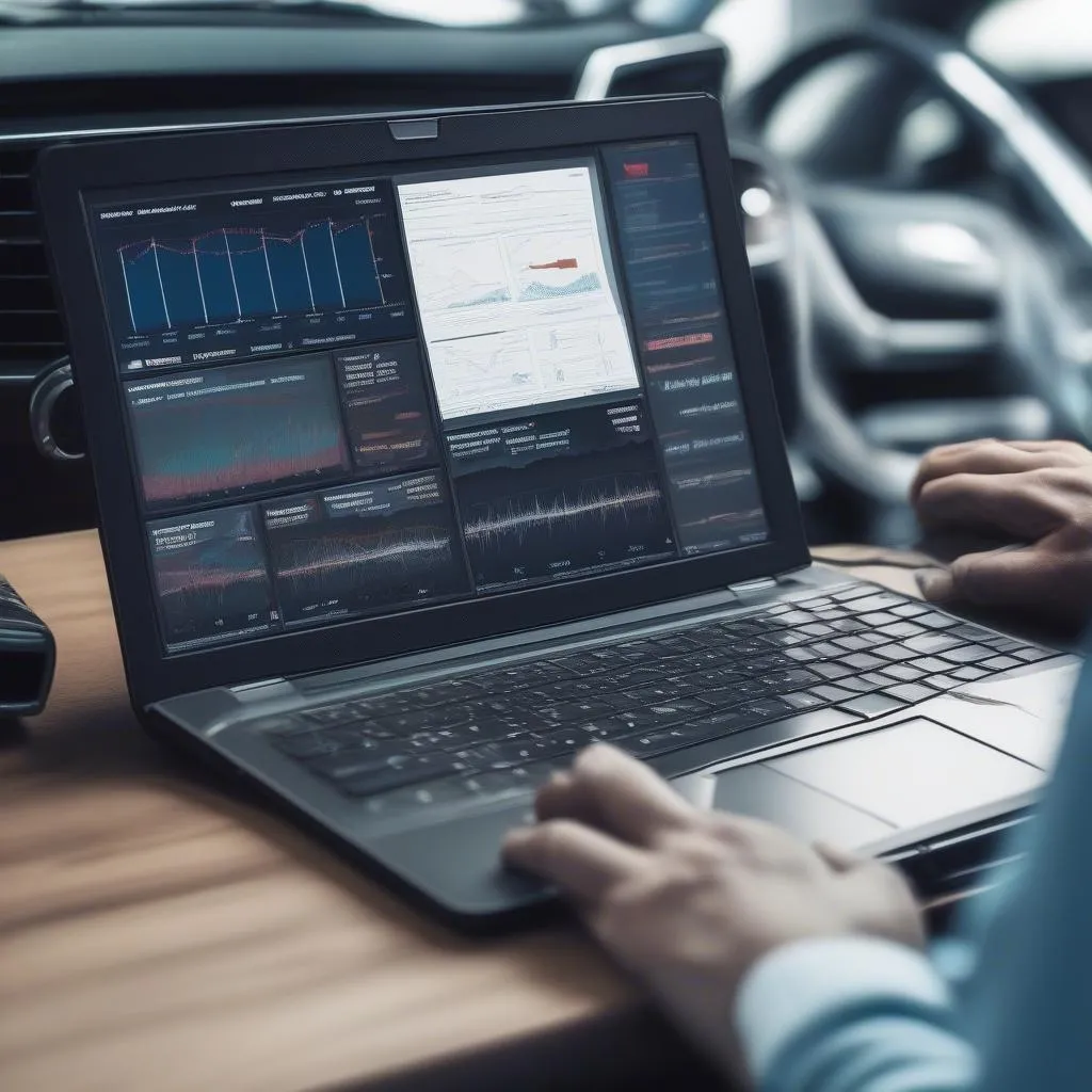 Laptop displaying car diagnostic software with graphs and data.