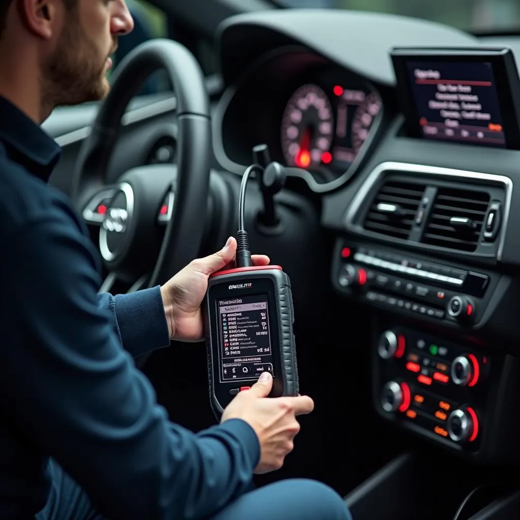 Mechanic using a diagnostic tool on an Audi