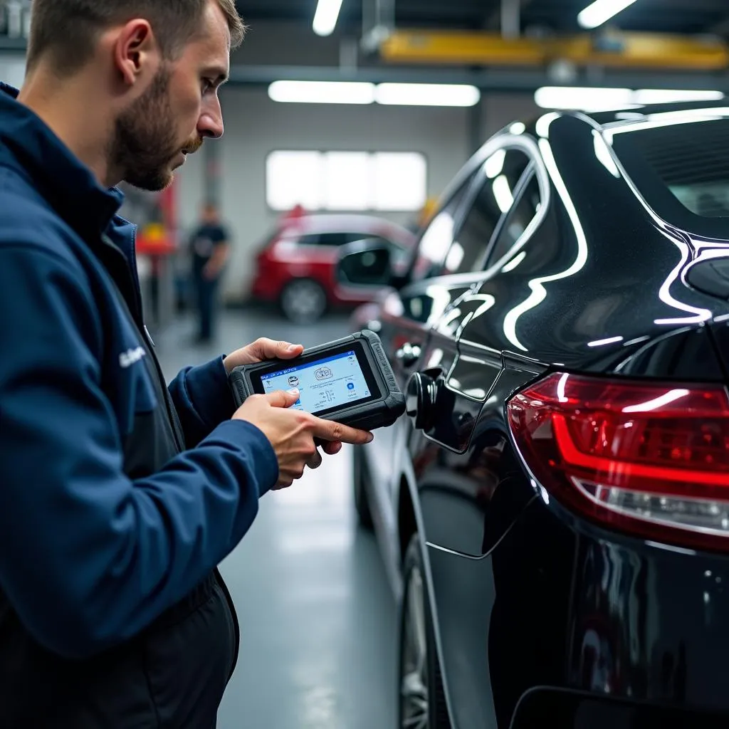 Mechanic Connecting Diagnostic Tool to Car's ECU