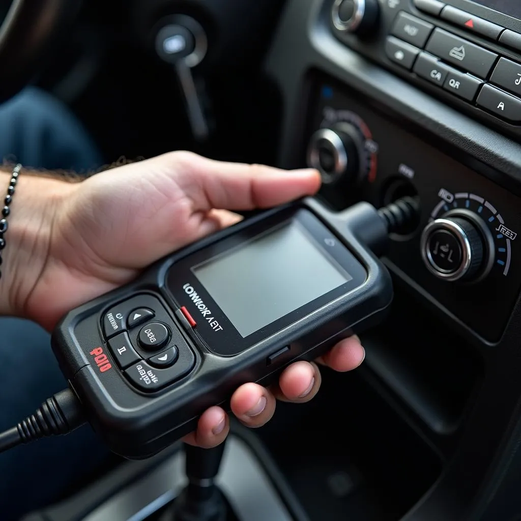 Mechanic connecting a car diagnostic tool to the OBD port