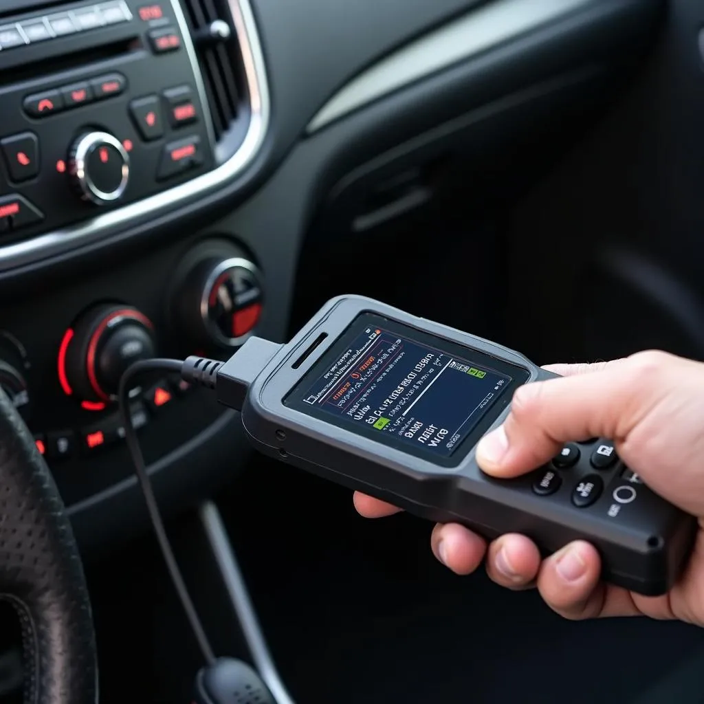 Mechanic using a car diagnostic tool