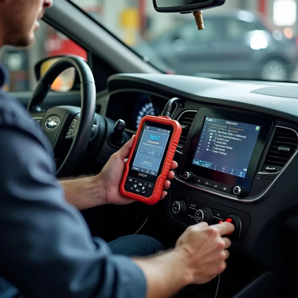 Mechanic using a car diagnostic tool