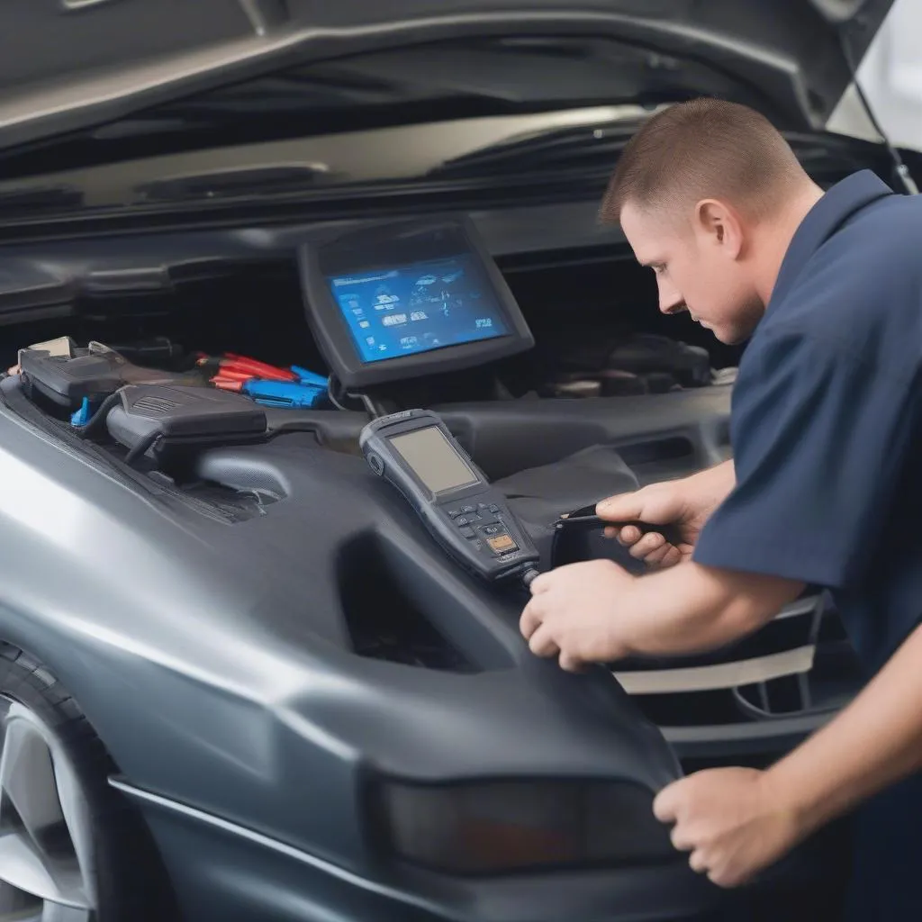 Mechanic Using Diagnostic Tool on Car