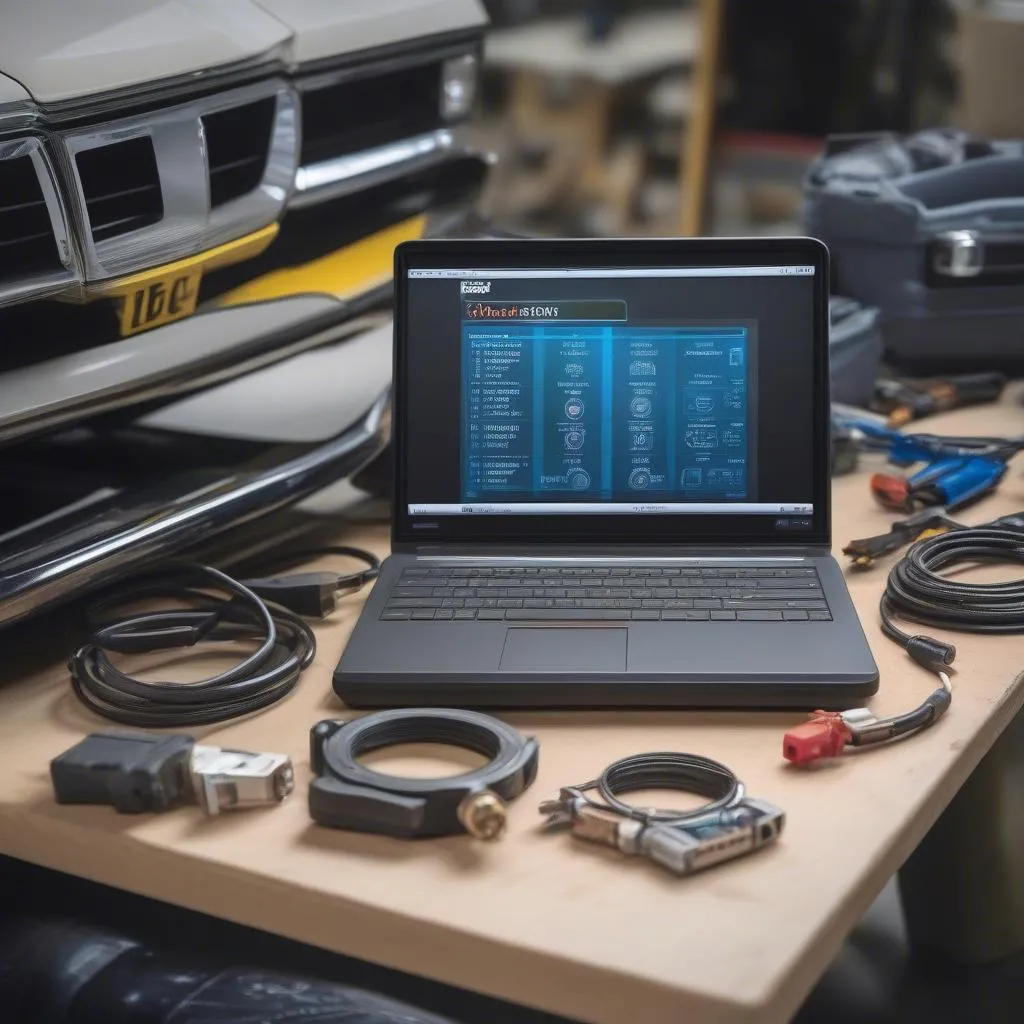 Car diagnostic tools and a laptop