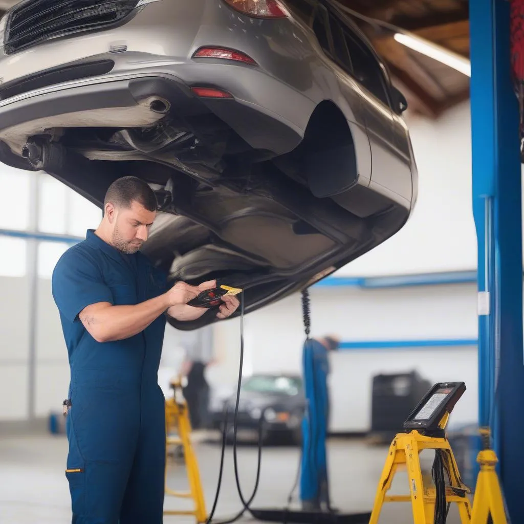 Car mechanic using diagnostic tools