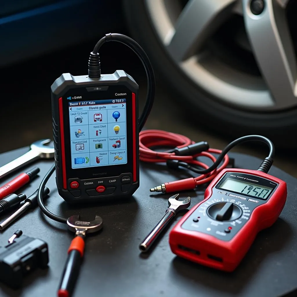 Various car diagnostic tools arranged on a workbench