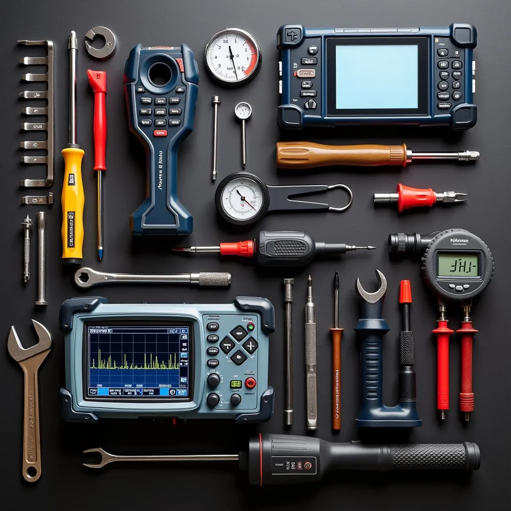 An assortment of car diagnostic tools and equipment spread out on a workbench.