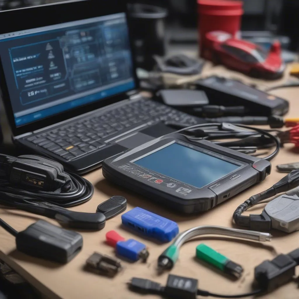 Assortment of car diagnostic tools and a laptop