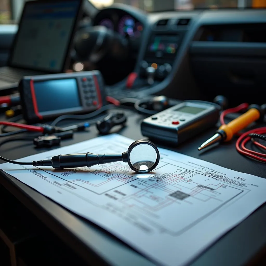 Car diagnostic tools spread out on a workbench