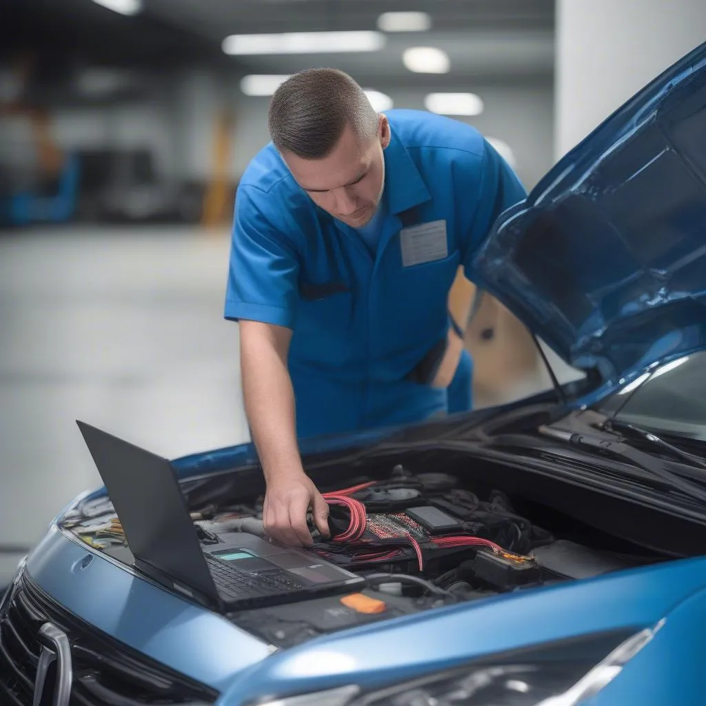 Mechanic Using Laptop for Car Diagnostics