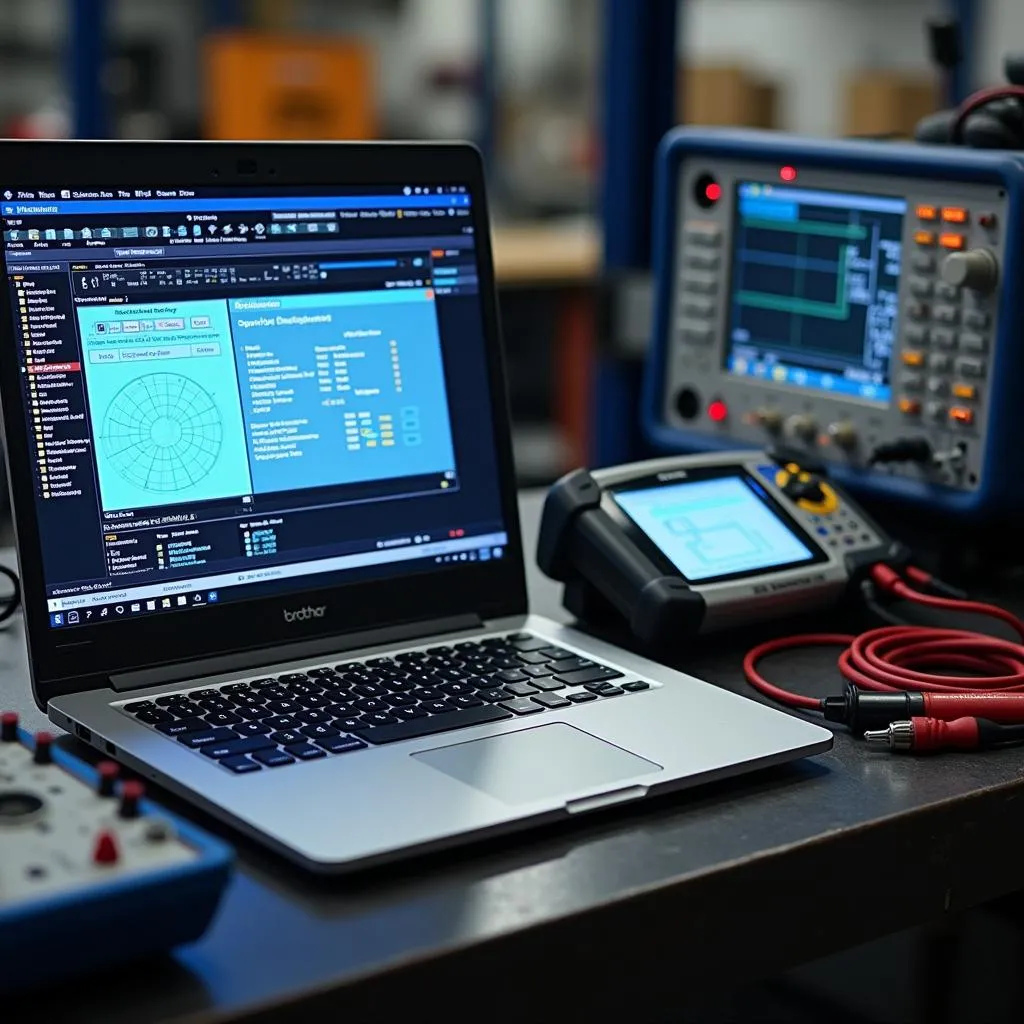 Various car diagnostic tools neatly arranged next to a laptop displaying diagnostic software