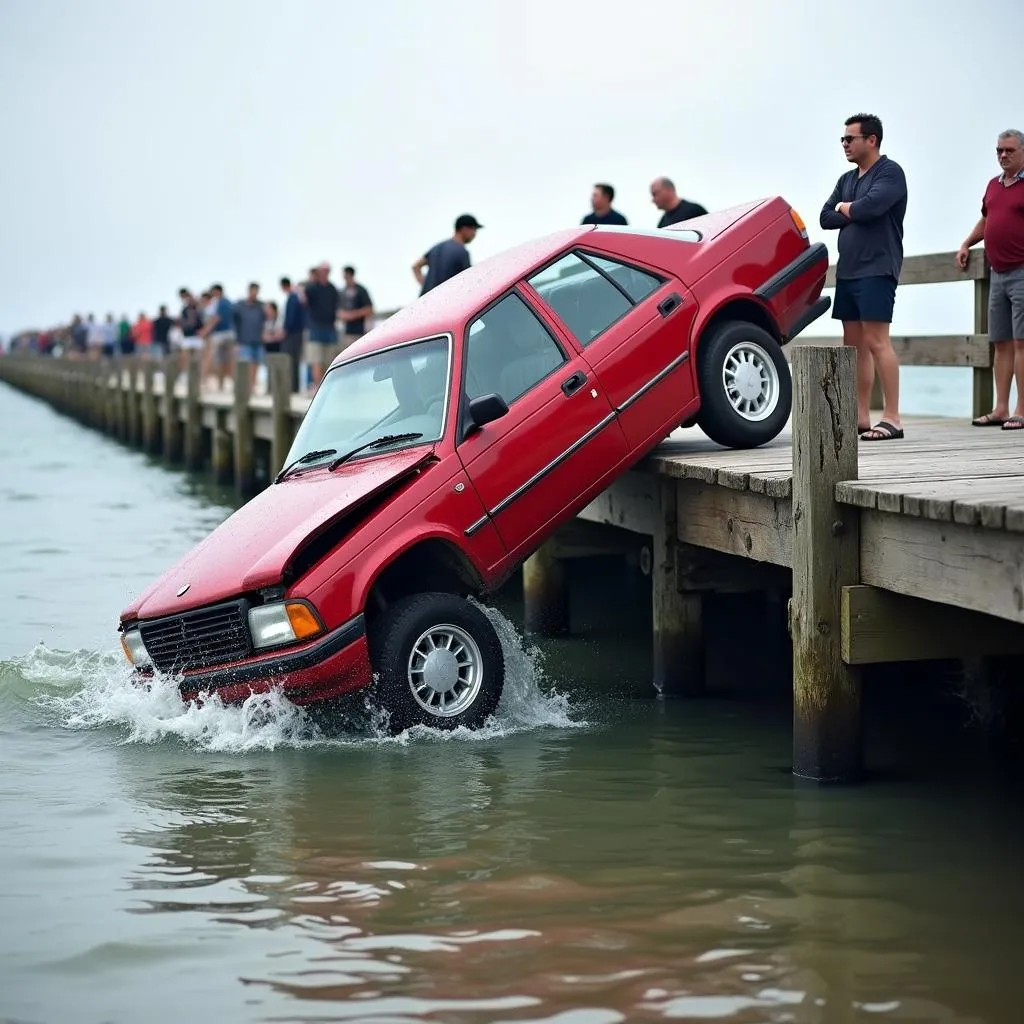 Car driving off a pier into the water