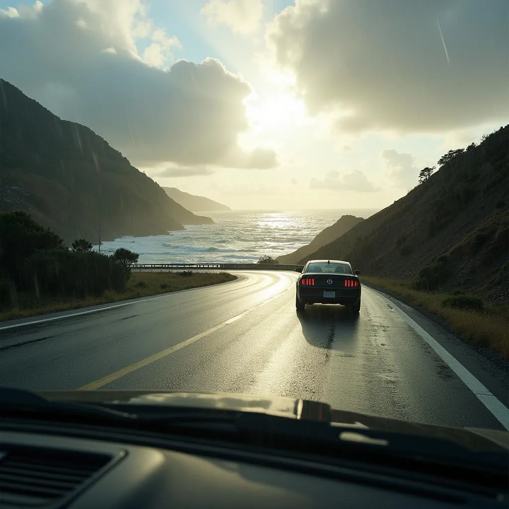 Car driving cautiously on a wet Pacific Coast Highway with a scenic ocean view, illustrating potential car slipping hazard despite beautiful scenery