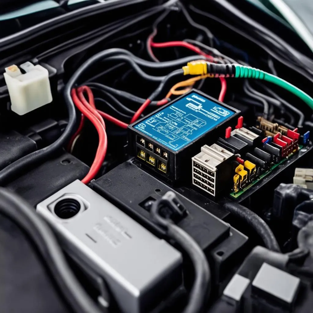 A close-up view of a car's ECU and wiring harness