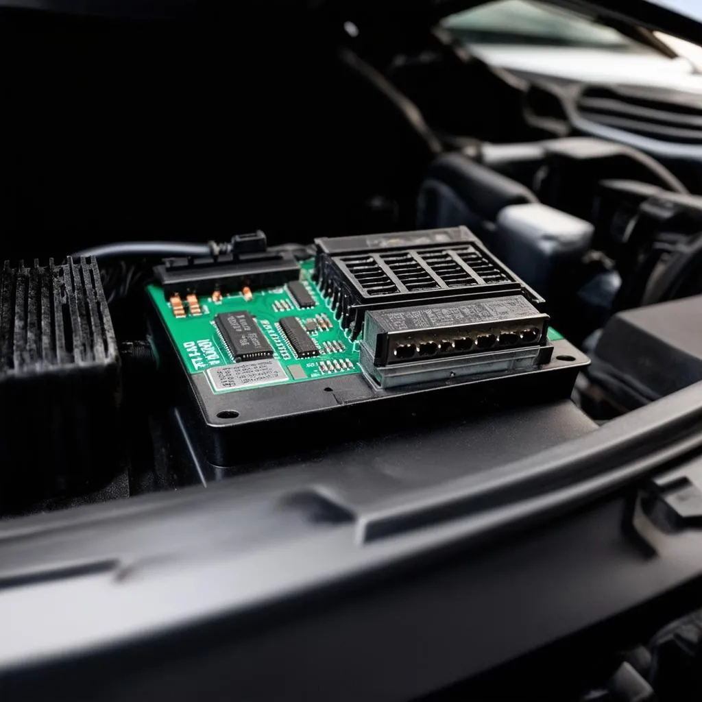 Close-up of a car's Engine Control Unit (ECU) on a green circuit board