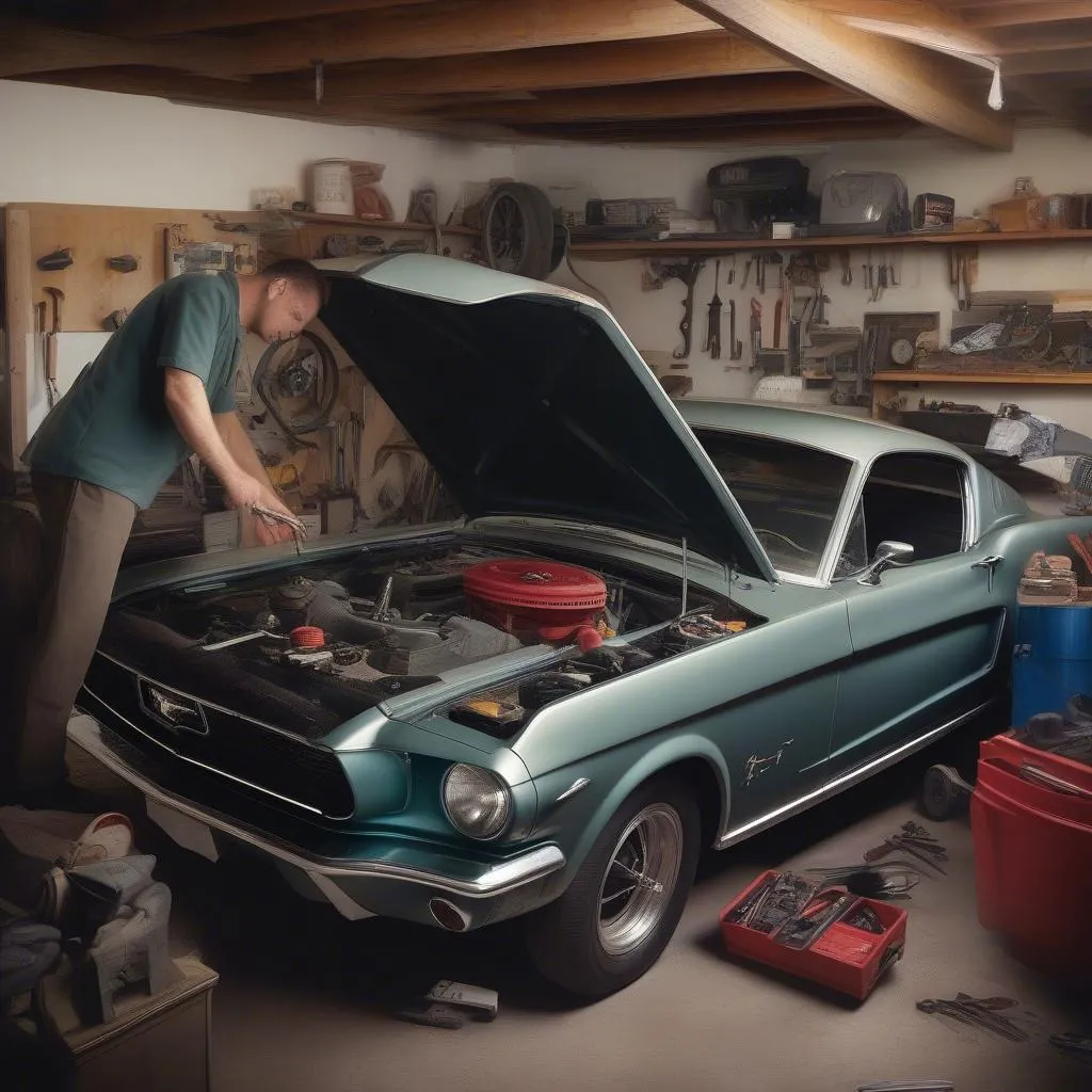 A car enthusiast working on a classic Ford Mustang in their garage