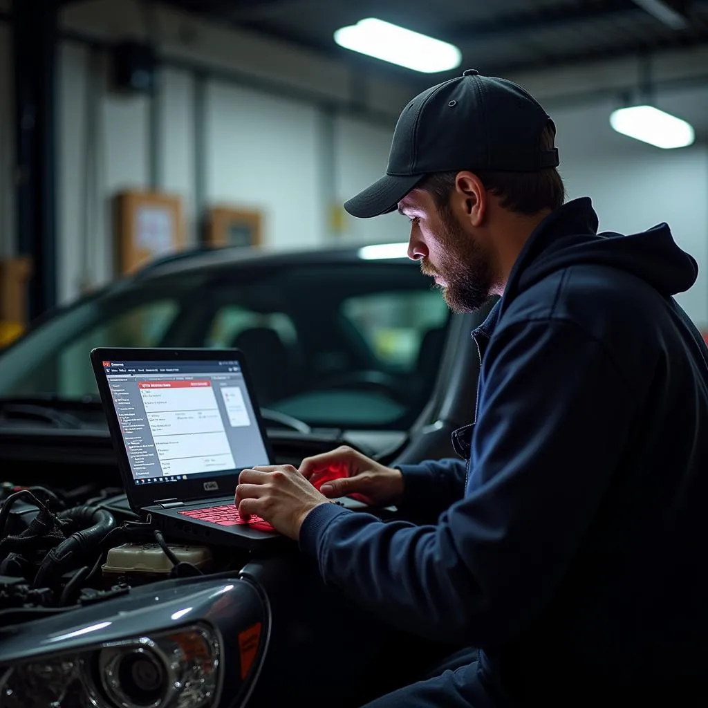 Car Enthusiast Using Laptop Scan Tool OBD2 at Home