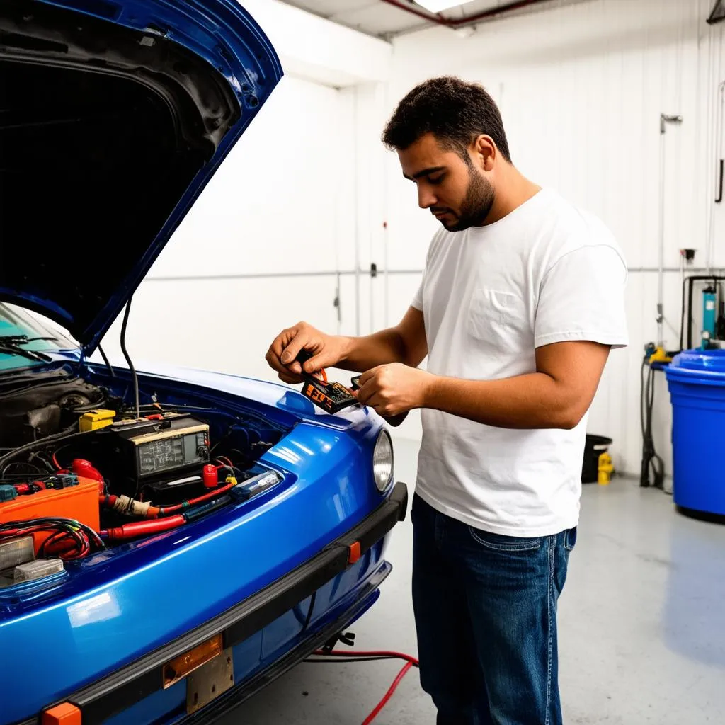 Car enthusiast working on car electrical system in garage