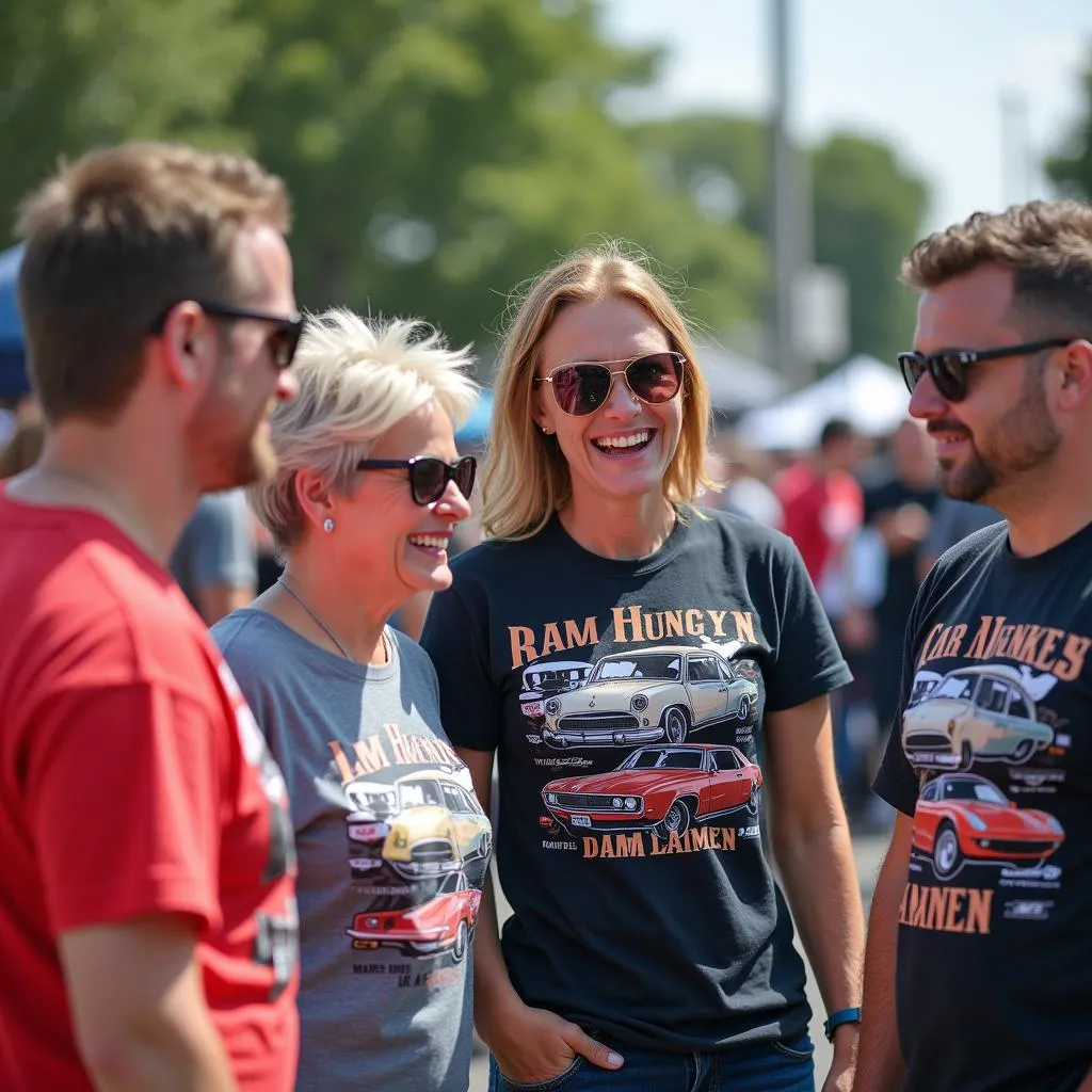 Group of car enthusiasts chatting and laughing, wearing car shirts with different car brands and designs