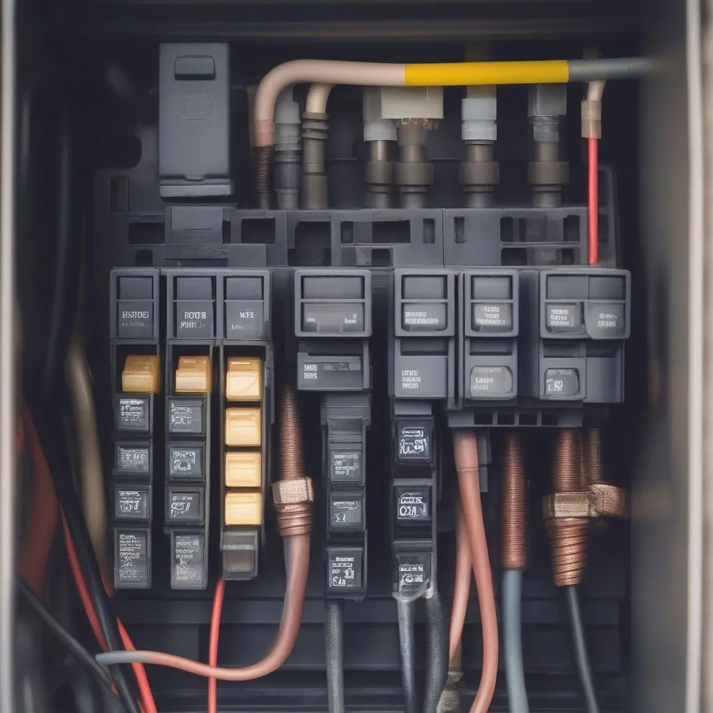 A close-up view of a car fuse box, showcasing its intricate wiring and individual fuses