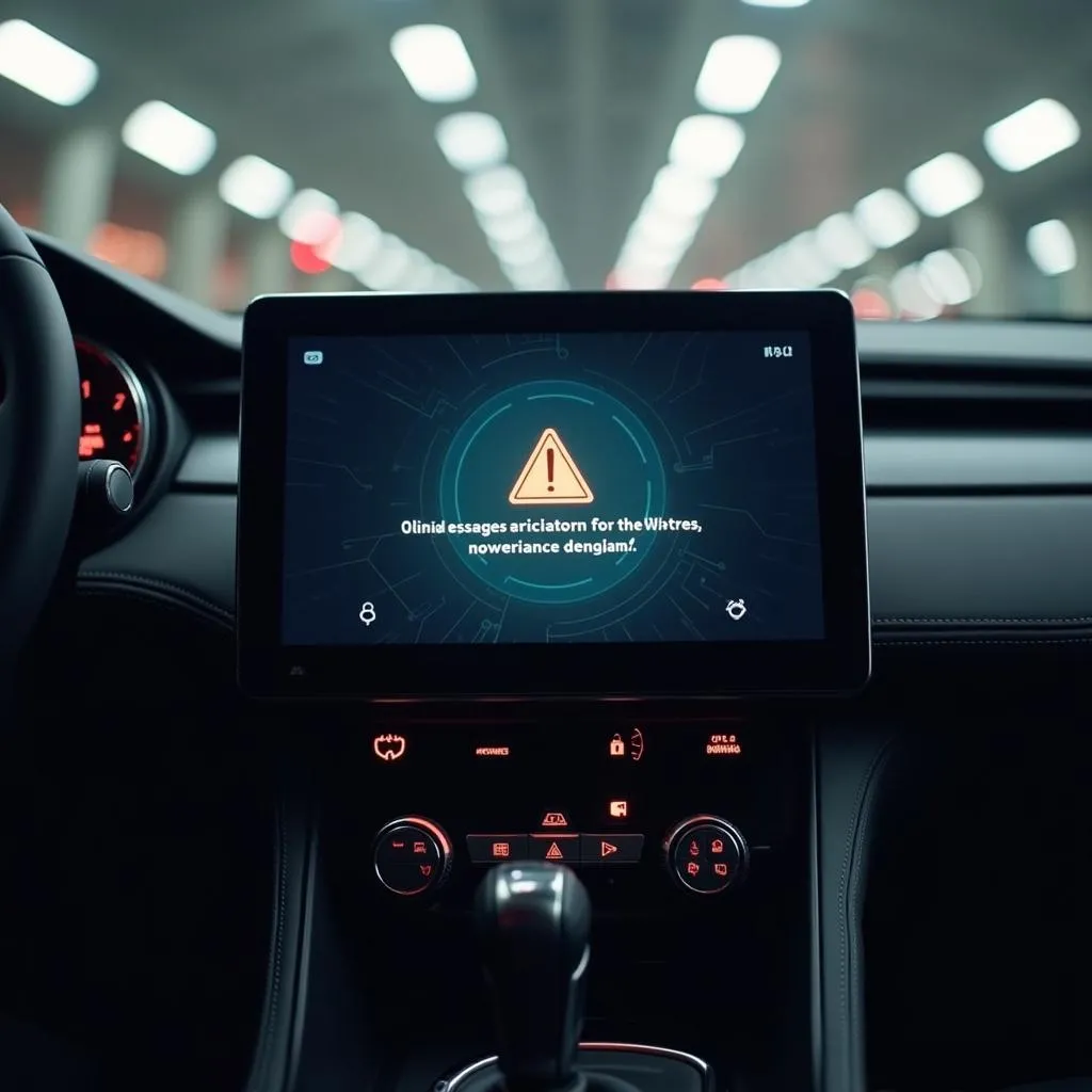 Car infotainment system displaying a warning message about a potential cyber attack.