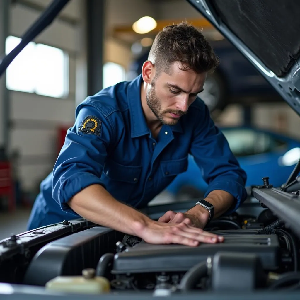 A certified mechanic inspecting the engine of a used car in a Portland garage